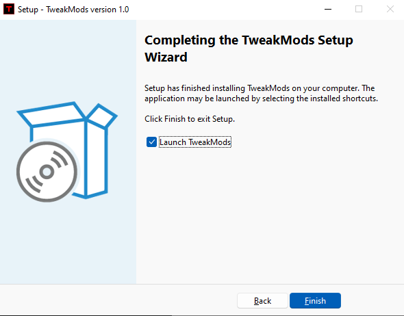 TweakMods setup wizard complete - Launch FPS boost and optimization tool
