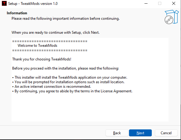TweakMods License Agreement screen