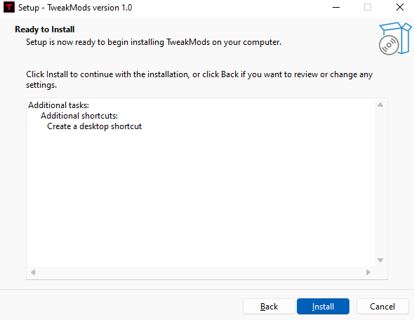 TweakMods Ready to Install screen