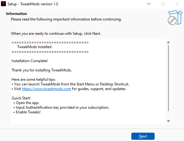 TweakMods Installation Complete screen